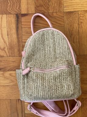 Woven Straw Mini Backpack with Pink Trim